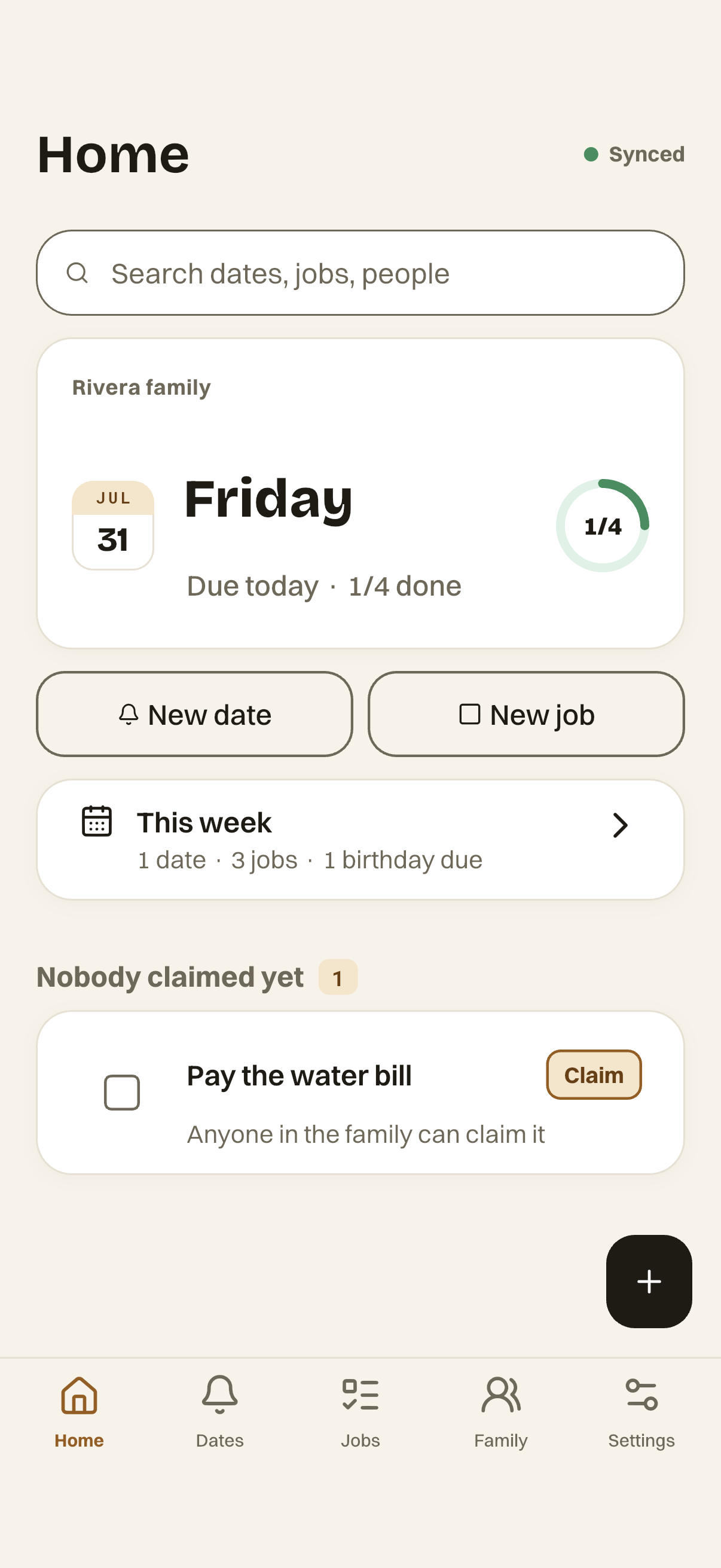 ClaimBell home screen: Friday, 1 of 4 done, and an unclaimed water bill anyone in the family can claim.